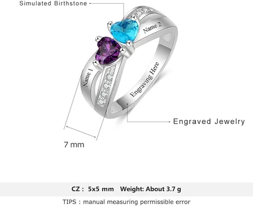 Vista 3 de Personalized 2 Simulated Birthstone Rings for Women Mothers Ring with Names Custom Promise Rings for Women