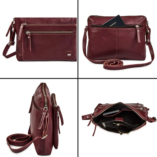 Vista 6 de Bolso cruzados pequeño y cartera de cuero auténtico granulado suave, bolso de hombro cruzado tipo bandolera de calidad prémium y triple cremallera