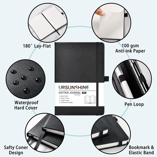 Vista 6 de Cuaderno punteado, diario, 5.3 x 8.26 pulgadas, tapa dura, prémium, papel grueso, doble espiral, bandas, cuero negro sintético, lazo para bolígrafo