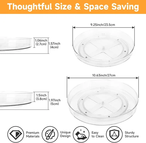 Vista 3 de Paquete de 2 platos giratorios transparentes Lazy Susan organizadores, 10.6 y 9.25 pulgadas, acrílico Lazy Susan para gabinete, antideslizante