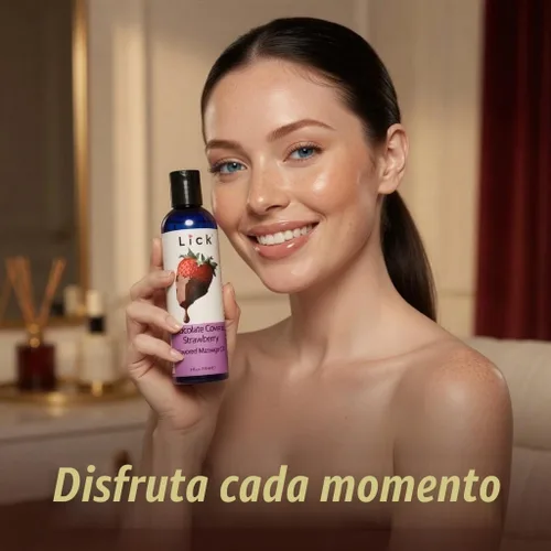 Vista 4 de Aceite de masaje de fresas cubiertas de chocolate – Aceite de masaje comestible de postre gourmet con aceite de almendras y vitamina E