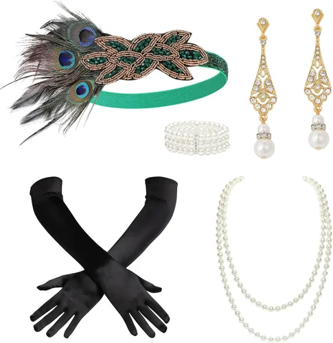 Vista 9 de BABEYOND - Accesorios estilo 1920s, Set de accesorios para disfraz Gatsby de los años 20s, diadema Flapper, collar de perlas, guantes, soporte