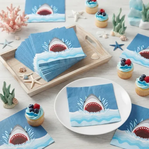 Vista 7 de Gersoniel 40 servilletas de papel de tiburón desechables Ocean Shark Party