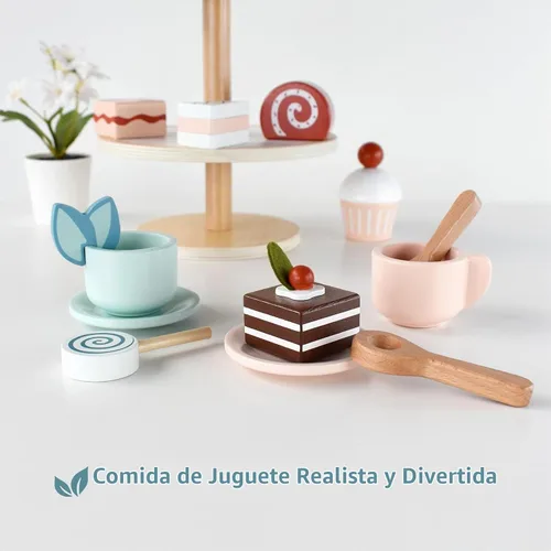 Vista 7 de PairPear Juego de Fiesta de Té con Soporte para Postres - Juguetes de Madera de Comida de Juego de Simulación y Accesorios de Cocina para Juego