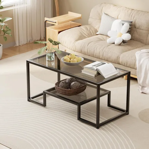 Vista 3 de Wolawu Mesa de Café de Cristal Gris Mesa de Café para Sala de Estar, Mesa Central Rectangular de 2 Niveles con Marco de Metal Resistente, Mesa