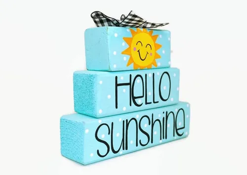 Vista 2 de Hello Sunshine' Wooden Block Shelf Sitter Stack Signs