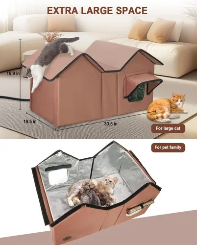 Vista 3 de Casa climatizada para gatos en invierno exterior, casa para gatos climatizada extra grande, resistente a la intemperie, cama elevada, puerta
