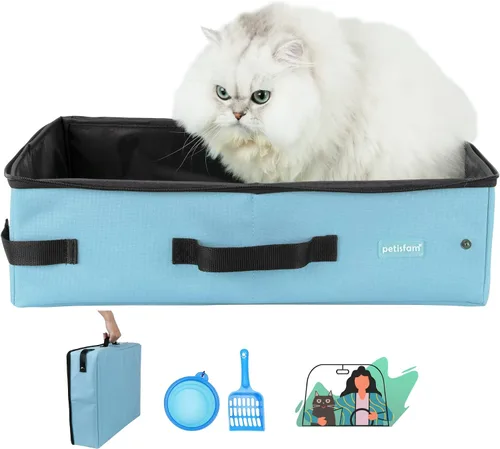 Vista 13 de Arenero portátil de viaje para gatos con tapa para contener arena y olor. Fácil de transportar, limpiar y almacenar. Ideal para viajes en auto