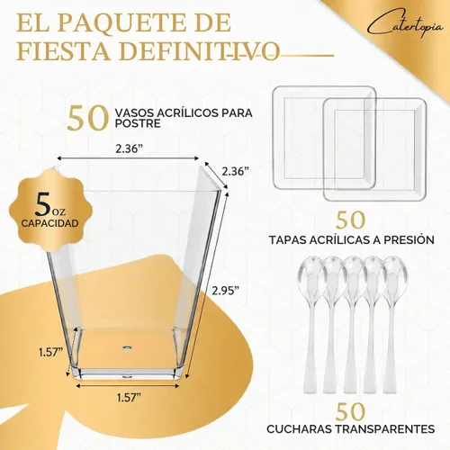 Vista 2 de Mini Copas de Postre con Cucharas (PAQUETE DE 50) (Cucharas Transparentes) (Sin Tapas) – Copas de Plástico de 5 oz para Aperitivos para Parfait