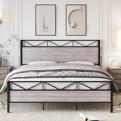 Vista 7 de GAOMON Base de cama tamaño Queen, marco de cama de plataforma de metal con cabecera y estribo de madera rústica vintage, sin ruido, fácil montaje