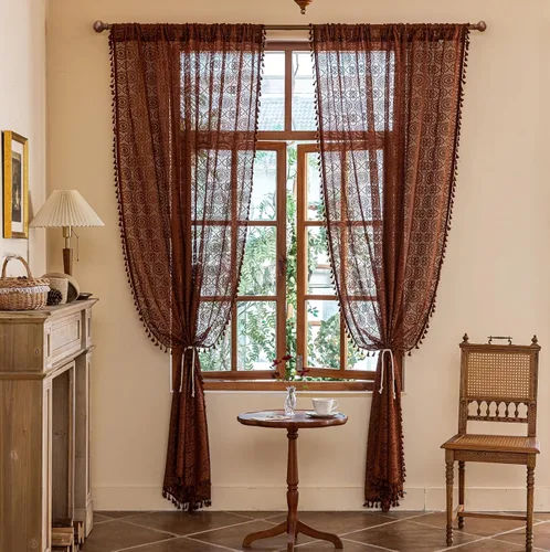Vista 37 de YJ YANJUN - Cortinas de café boho, 24 pulgadas de largo, 2 paneles, cada una de 59" de ancho x 24" de largo, beige, con crochet, cortinas de cocina