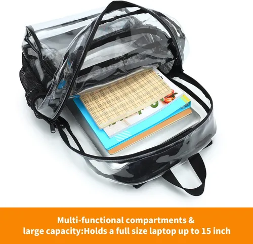 Vista 6 de KUI WAN Mochila transparente, bolsa transparente aprobada para estadios, mochila grande transparente de PVC resistente para estadio, escuela