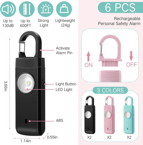Vista 2 de Tellegloww 6 unidades de alarma personal de seguridad personal de 130 dB para mujeres, llaveros de alarma personal con sirena fuerte con luz