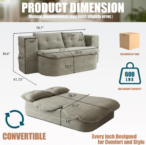 Vista 2 de Sofá cama tipo futón de 78.7 pulgadas, sofá convertible de Marrón