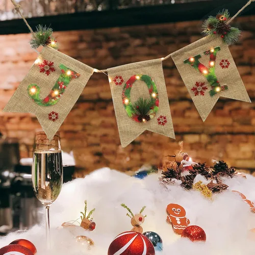 Vista 4 de Toyvian Cartel de lino brillante para fiesta de Navidad con letras de alegría, decoración de guirnalda de Navidad para uso festivo en interiores