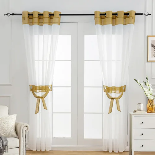 Vista 11 de L.Z.E - Cortinas transparentes blancas y negras de 63 pulgadas de largo, 2 paneles para sala de estar, cortinas elegantes y modernas transparentes