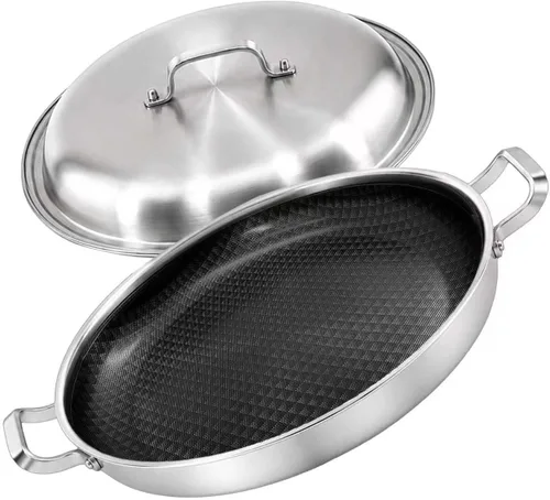 Vista 14 de Yeksum - Sartén de acero inoxidable de tres capas para paella, sartén grande con tapa (acero inoxidable híbrido, 12 pulgadas)