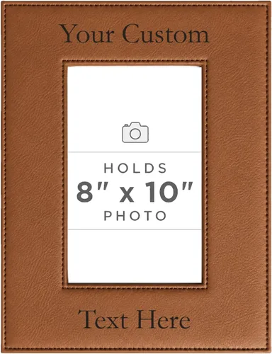 Vista 11 de Marco de fotos de piel sintética de cuero sintético grabado para añadir tu texto personalizado para colgar o en la mesa, marco de fotos familiares
