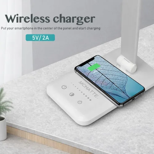 Vista 3 de Lámpara de escritorio LED con cargador inalámbrico, puerto de carga USB, luz de escritorio regulable para el cuidado de los ojos con 5 niveles