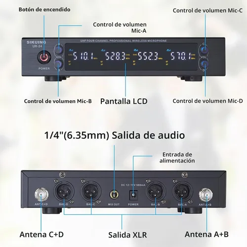 Vista 2 de Sistema de micrófono inalámbrico UHF de 4 canales con micrófonos de auriculares Lavalier, frecuencias ajustables de 4 x 50, ideal para reuniones