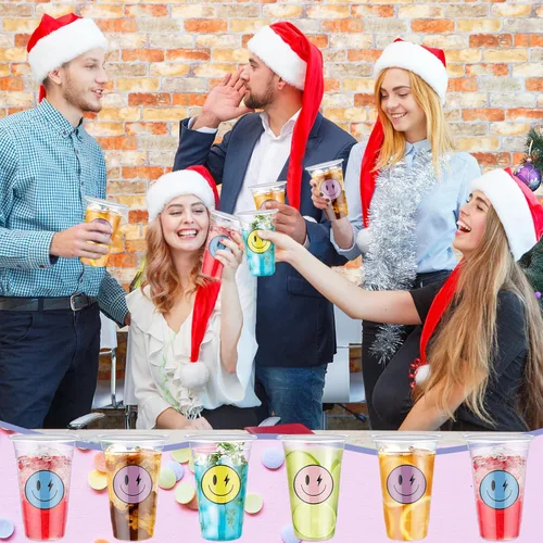 Vista 5 de Norme Juego de 52 vasos de plástico con tapa de cara sonriente de 16 onzas, tazas de café helado desechables transparentes con rayas