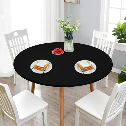 Vista 2 de NEWISHER Mantel redondo ajustable de elastano elástico negro con bordes elásticos para comedor, picnic y patio, 48 pulgadas