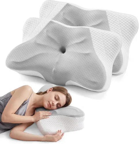 Vista 22 de OLIXIS Almohada cervical de contorno para aliviar el dolor de cuello, ergonómica de doble altura Azul