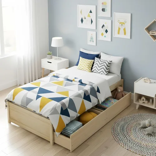 Vista 3 de KOMFOTT Base de cama de plataforma de madera de tamaño individual con 2 cajones de almacenamiento, plataforma de madera con soporte de tablillas