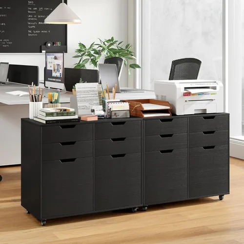Vista 9 de Archivador negro con 4 cajones y 2 puertas Organizador de almacenamiento móvil para debajo del escritorio, soporte de impresora de madera sobre