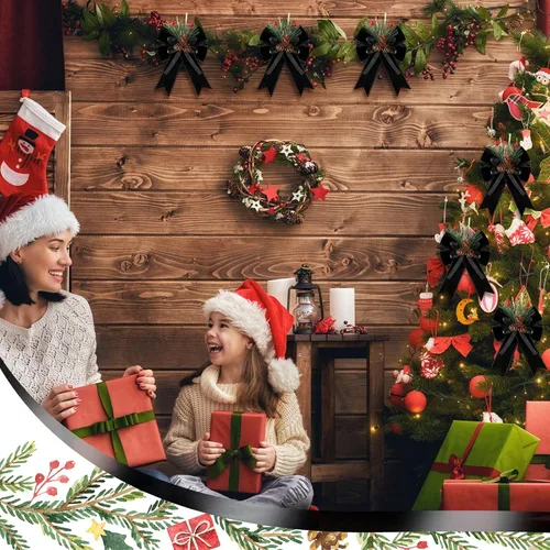 Vista 3 de Syhood - 6 lazos de Navidad a cuadros con piñas de pino, cintas de terciopelo negro, para corona de árbol de Navidad, decoración de fiestas