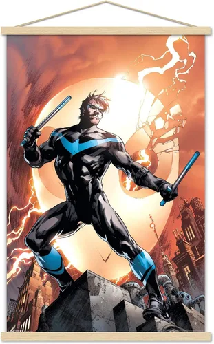 Vista 20 de Trends International DC Comics Nightwing - Póster de pared de fuego, 14.725 x 22.375 pulgadas, versión enmarcada de madera de granero