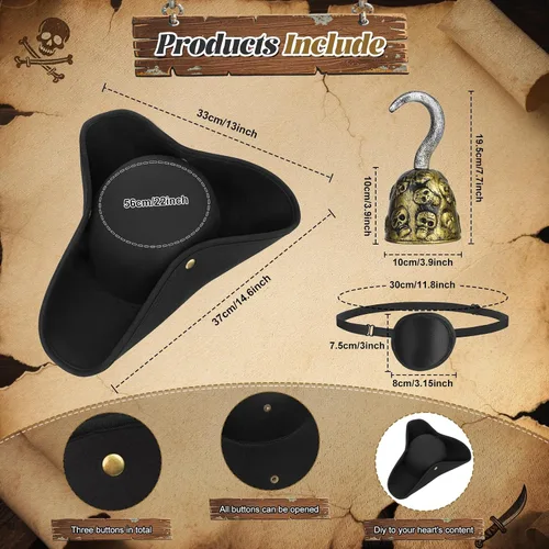 Vista 3 de Servllcell 6 piezas de sombrero de pirata, accesorios de disfraz de pirata para hombre con parche de ojo, collar de calavera, gancho de anillo
