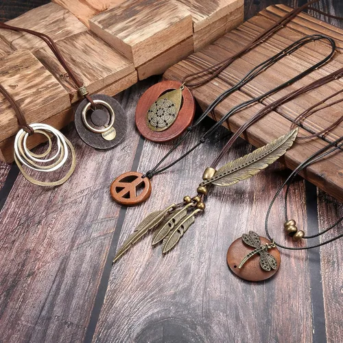 Vista 7 de SAILIMUE Juego de 6 collares largos con colgante para mujer, estilo bohemio, vintage, de madera, otoño, suéter, collar, plumas, libélula de la paz