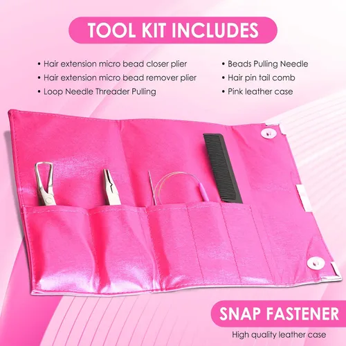 Vista 6 de Beauty & Crafts Herramientas de extensión de cabello, juego de alicates de acero inoxidable para microcuentas, 1 aguja de ganchillo, 1 gancho