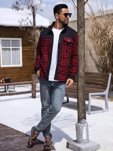 Vista 4 de Zaitun Camisa de franela de pana con forro de sherpa para hombre, chaqueta de manga larga con botones, abrigo de forro polar para hombre con bolsillo