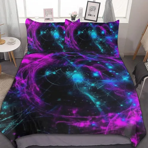 Vista 22 de Juego de 3 piezas de edredón neón que brilla en la oscuridad, funda de almohada de microfibra con cremallera para cama matrimonial, Queen