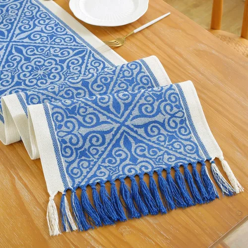 Vista 4 de Camino de mesa auxiliar floral para sala de estar, cocina, casa de campo, camino de mesa de comedor con flecos, rectangular, resistente al calor