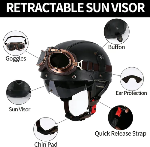 Vista 4 de Casco de motocicleta de estilo alemán, casco de cuero retro, aprobado por el DOT, para adultos, hombres y mujeres, casco de media cara vintage