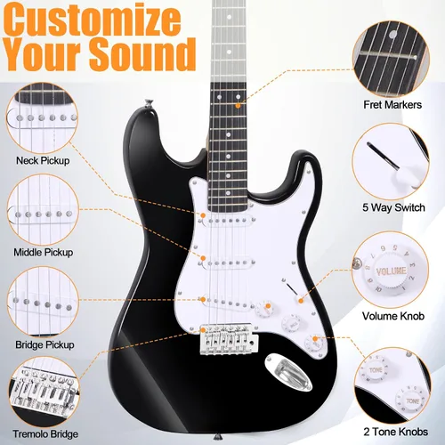 Vista 4 de Guitarra eléctrica Zeny 39 pulgadas tamaño completo, con amplificador, funda y accesorios, paquete para principiantes, Negro