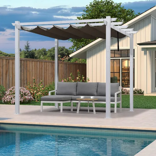 Vista 55 de PURPLE LEAF Pérgola de 10 x 12 pies con toldo retráctil, pérgola cuadrada de bronce de aluminio para patio al aire libre, junto a la piscina, beige