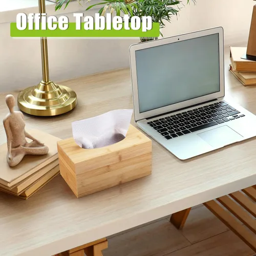 Vista 4 de Funda rectangular para caja de pañuelos de bambú, caja de pañuelos rectangular con parte inferior deslizante, cubo decorativo para pañuelos faciales