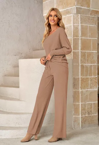 Vista 6 de Fixmatti Conjunto deportivo de 2 piezas para mujer, suéter de cuello alto, pantalón de pierna ancha