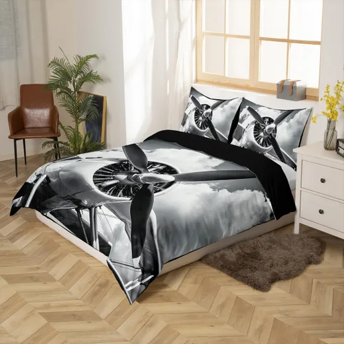 Vista 2 de Erosebridal Juego de ropa de cama con diseño de avión tamaño individual para niños y niñas, funda de edredón aeroespacial de aviación, gris y gris