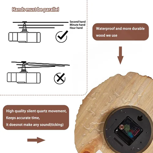 Vista 4 de Reloj de pared rústico silencioso de 12 pulgadas, funciona con pilas, de madera, decoración para baño, cocina, dormitorio, sala de estar, anillo