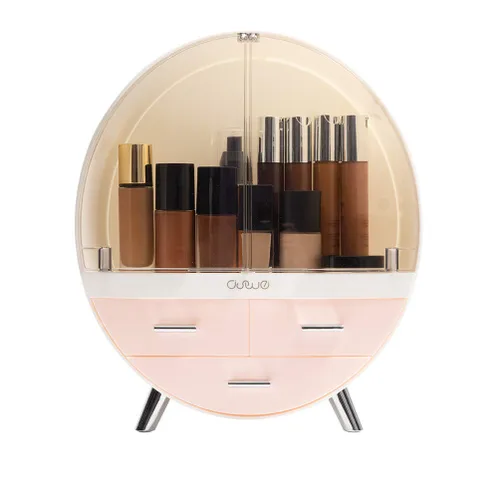 Vista 10 de Elegante caja organizadora de maquillaje a prueba de polvo, organizador de cosméticos mediano impermeable con cajones para cuidado de la piel