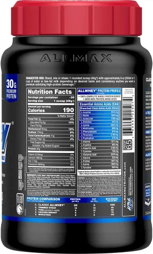 Vista 3 de ALLMAX Classic AllWhey - Proteína en polvo de suero de leche, chocolate, 2 libras, 1.06 oz de proteína por cucharada, sin gluten, baja en azúcar