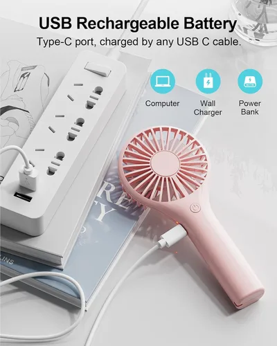 Vista 5 de TriPole Paquete de 2 mini ventiladores portátiles de mano, color rosa, 3 velocidades, potente ventilador de mano con batería personal para viajes