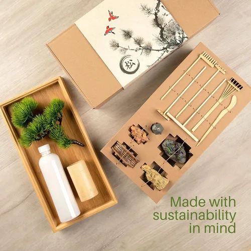 Vista 5 de ENSO - Jardín zen japonés para escritorio, extra grande de 16 x 8 pulgadas, mini jardín zen de escritorio con arena blanca, árbol bonsái artificial