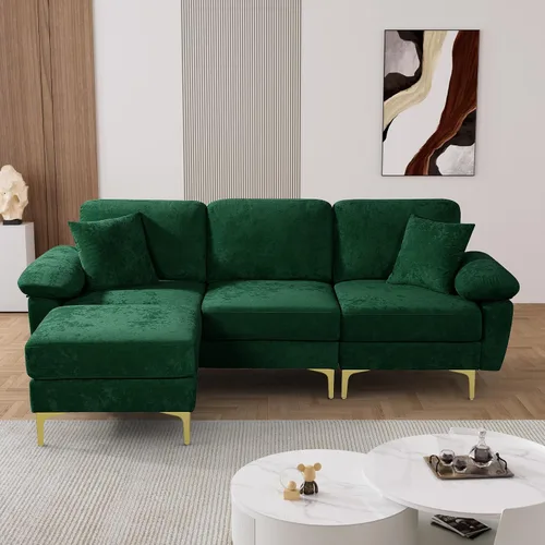 Vista 3 de OUYESSIR Sofá modular en forma de L, sofá de terciopelo de 3 plazas con otomana y almohadas, cómodo sofá cama tapizado para sala de estar, Verde
