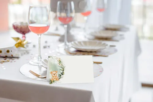 Vista 6 de Tarjetas de lugar para fiesta de oso verde, tarjetas editables con nombre, tarjetas de lugar de asiento para mesas, tarjetas estilo tienda